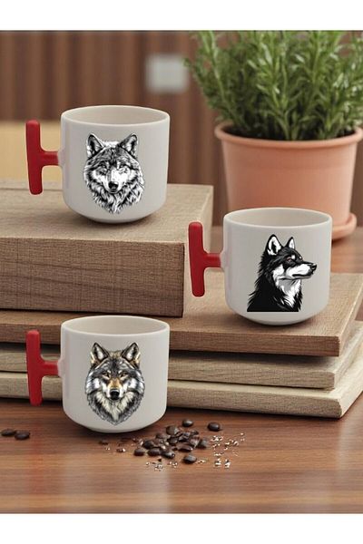 lili hediyelik Wolf Printed 3-Piece Red Handled Mug Cup Gift Ceramic Mug