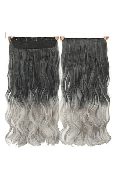 animis beauty Ombre GREY hair extensions, wavy, 5 clip braid, 55 cm, synthetic fiber with natural look