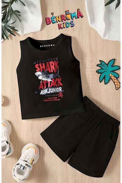 BENROMA تي شيرت قصير مطبوع عليه Shark Attack Shark للجنسين طقم أطفال