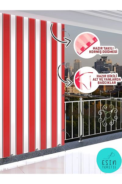 esin tekstil Red and White Striped Balcony Curtain with Cornice - Luxury Tailored Tarpaulin