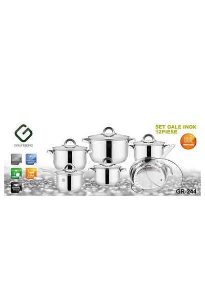 GRÜNBERG 12-piece set of 6 stainless steel saucepans with glass lids Grunberg