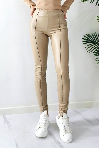 FashionForYou Padded eco-leather tights, with a stripe down the middle, Augusta, Cream, M