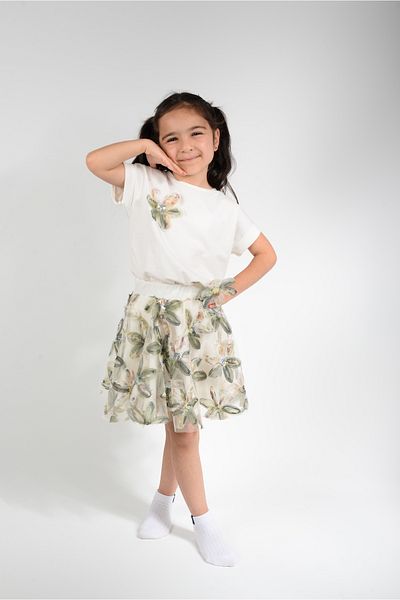 KİDSPİTİRCİK Girl's Green Flowery Tulle Skirt Suit (100% Cotton)