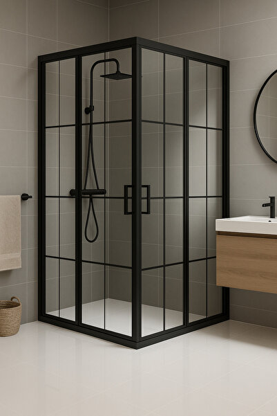 Durul Duşakabin 80x80 Kare 5mm Siyah Çizgi Yükseklik 190cm