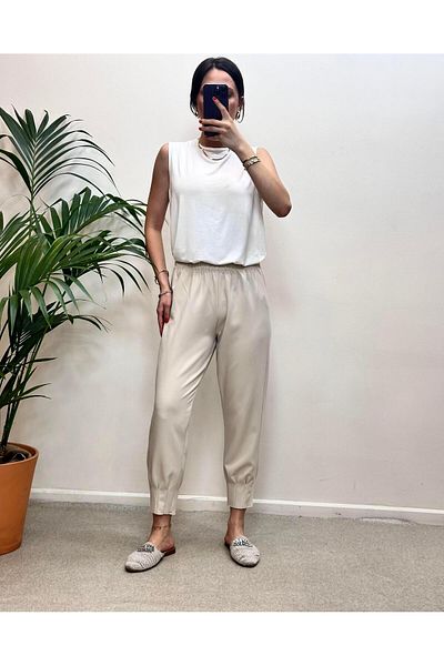 Ranasubaşı Crepe Leg Stitched Trousers Beige