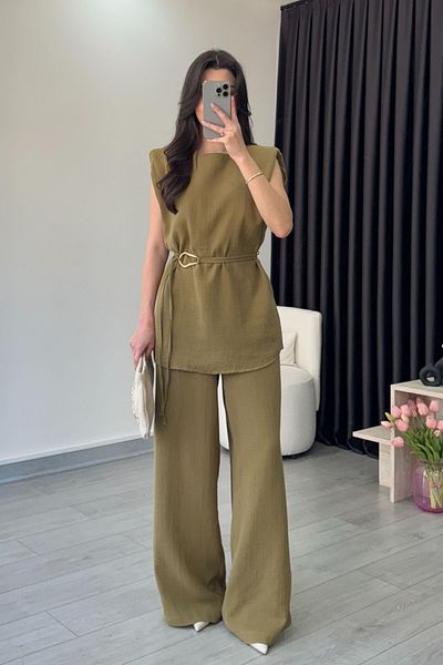 My Blog Khaki Accessory Detailed 100% Cotton Double Set - 8380