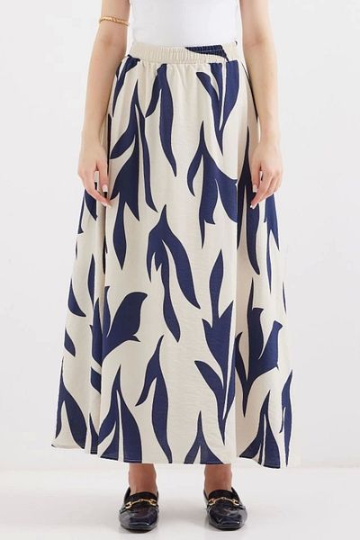 Silerra 8028 Patterned Long Skirt Navy Blue