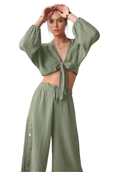 clavia Muslin Pants, Crop Bustier Bottom-Top Summer Two-Piece Set, Comfortable Fit Loose Wide Leg High Waist Pants