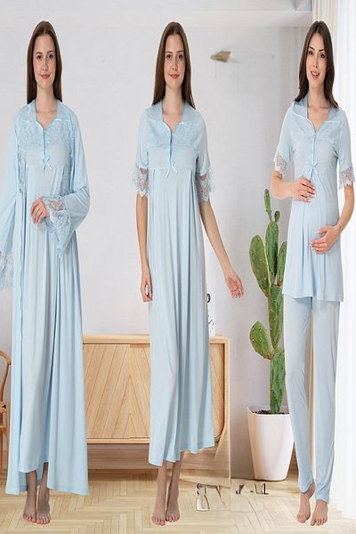 Puerpera Effortt Summer Half Sleeve Lace Detailed Lohusa Maternity Nightgown Dressing Gown & Sleepwear Set Set 9016