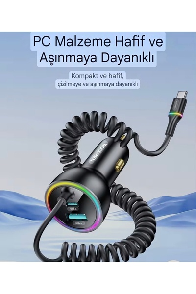 Rocoren 70W Yaylı Şarj Kablolu 3 Girişli Type-C ve Usb Hızlı CE+Rohs Lisanslı Orginal Sağlam Araç Şarjı
