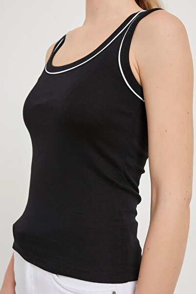 Arma Life Women's Strappy Summer Tight Black Tank Top with Stripe Detail
