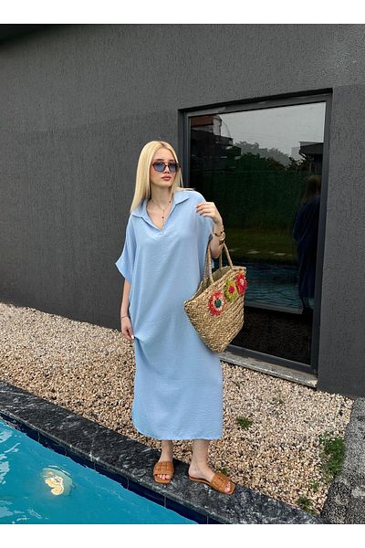 FİOXCO Women's Baby Blue Polo Neck Side Slit Casual Bohemian Raw Linen Dress