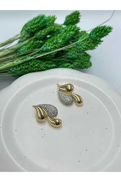 MyladyAccessoriess Double Color and Zircon Stone Detailed Drop Earrings