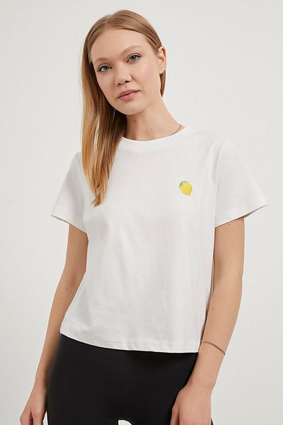 Arma Life Women's Lemon Patterned Crew Neck White Loose T-Shirt