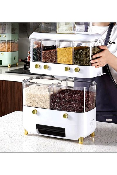 Un Rice and Grain Dispenser Bean Dispenser 6 Grain Storage Containers with Moisture-Proof Sealed Lid