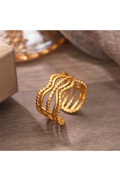 Siya Silver Kararmaz Çelik Dalgalı Topçuklu Model Gold Renk Ayarlanabilir Kadın Yüzük