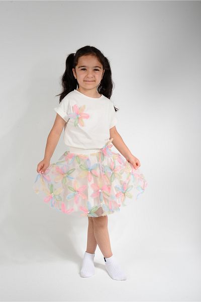 KİDSPİTİRCİK Girl's Pink Flowery Tulle Skirt Suit (100% Cotton)