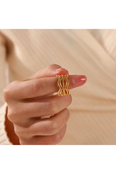 Siya Silver Kararmaz Çelik Dalgalı Topçuklu Model Gold Renk Ayarlanabilir Kadın Yüzük