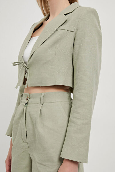 Arma Life Women's Linen Look Lace-Up Tight Green Crop Jacket