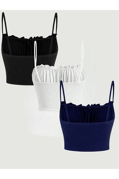 poswicon Black White Navy Blue Tip Mod Curved Chest Ruffle Cut Summer Piping Strap Top Crop