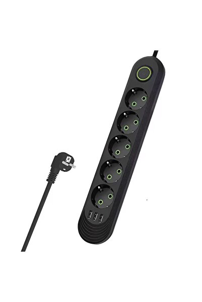 F09 Prelungitor universal cu 5 prize și întrerupător, OPTIM SOLUTION, 3 porturi USB, cablu de 3 m, negru