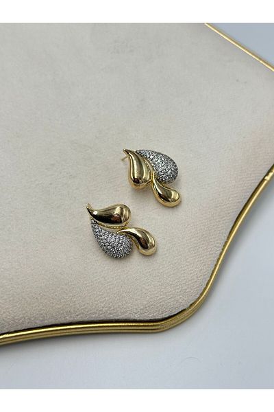 MyladyAccessoriess Double Color and Zircon Stone Detailed Drop Earrings