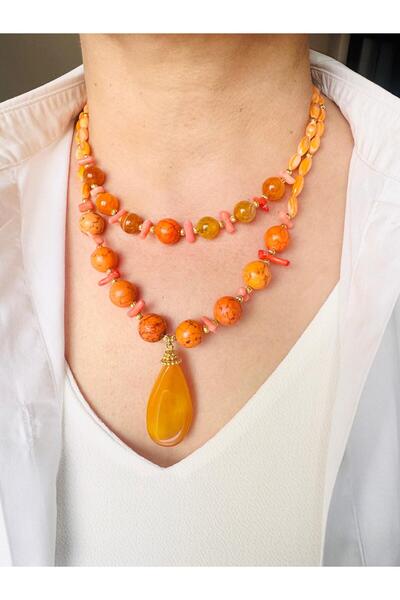 DEVİ fashion قلادة عقيق مرجاني وحجر طبيعي 52 سم