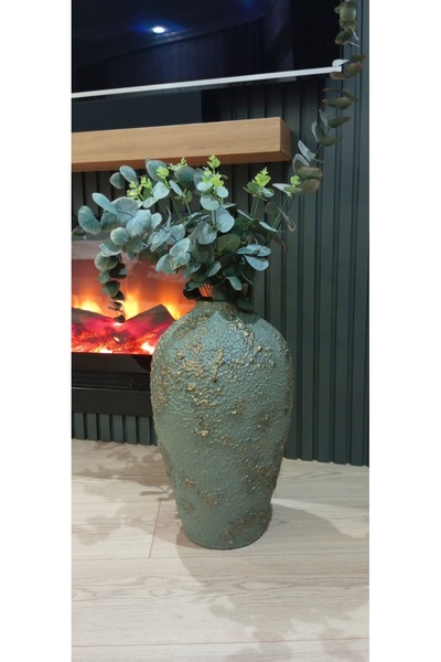 dekorist Toprak seramik dokulu vazo hali yeşil simli