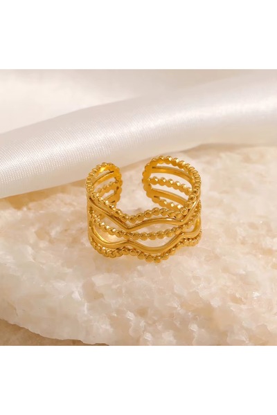 Siya Silver Kararmaz Çelik Dalgalı Topçuklu Model Gold Renk Ayarlanabilir Kadın Yüzük