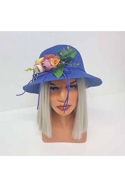 FashionForYou Pălărie de plajă ChiClove cu flori, albastră, Pălărie de soare