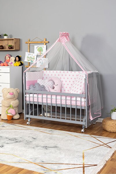 Bamgidoo Ahşap Beşik Anne Yanı Beşik Gri 60x120 Pembe Yıldız Uyku Seti Yatak ...