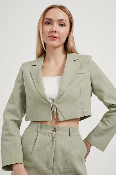 Arma Life Jachetă crop verde, cu șireturi, aspect de in pentru femei