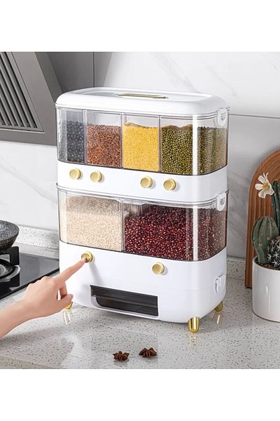 Un Rice and Grain Dispenser Bean Dispenser 6 Grain Storage Containers with Moisture-Proof Sealed Lid
