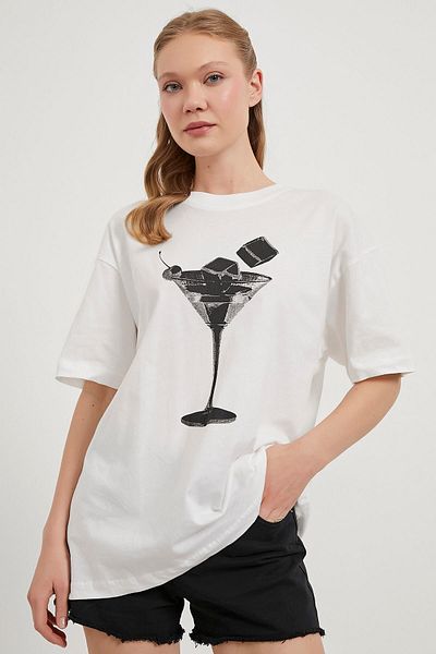 Arma Life Women's Goblet Printed Crew Neck Loose White T-Shirt