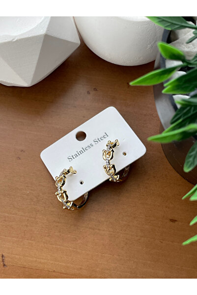 JELLY Women's Steel Gold Colored Zircon Stone Chain Detailed Ti̇ff Co Model Design Hoop Earrings