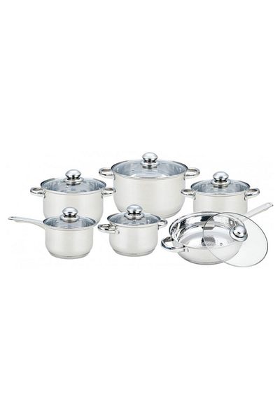 GRÜNBERG 12-piece set of 6 stainless steel saucepans with glass lids Grunberg