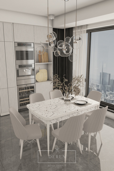 DEREN HOME Faber Serisi 80X130 Açılabilir Masa 6 Adet Gri Sandalye Silinebili...