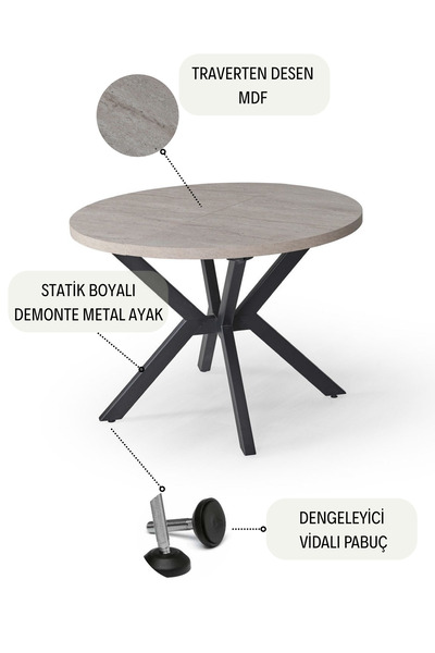 KUĞU GARDEN Açılır Mdf Yuvarlak Mutfak Masa Trend 4 Kişilik Yemek Masa Takımı Traverten