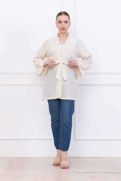 COTTOWOO Women's Ecru Muslin 100% Cotton Striped Belted Kimono Shirt