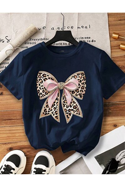 caddekombin Μπλουζάκι με λεοπάρ σχέδιο και ροζ κορδέλα με στάμπα από βαμβακερ...