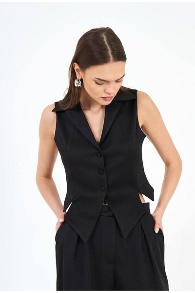 nidistore Black Special Design Front Slit Short Vest