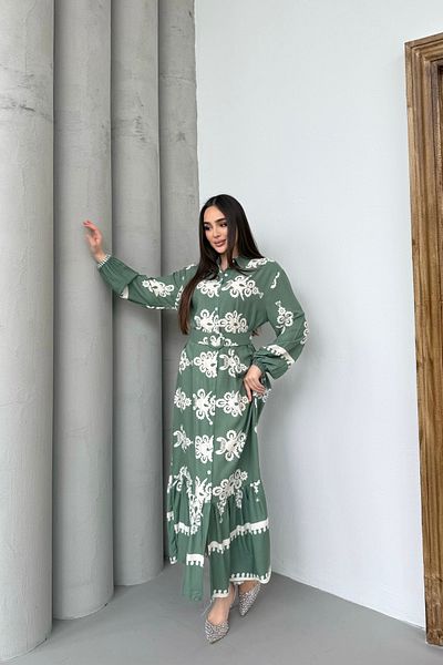 Mezka Ethnic Patterned Viscose Long Sleeve Belted Dress