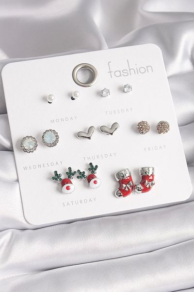 STOREMAX Brass Silver Color 7 Pairs of Zircon Cubic Zirconia New Year Themed Women's Earrings Set