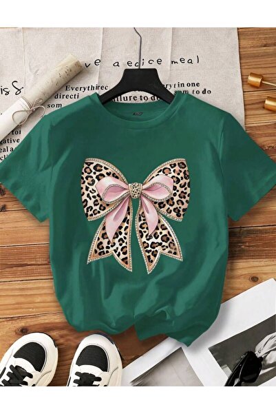 caddekombin Leopard Patterned and Pink Ribbon Printed Cotton Combed Green T-S...