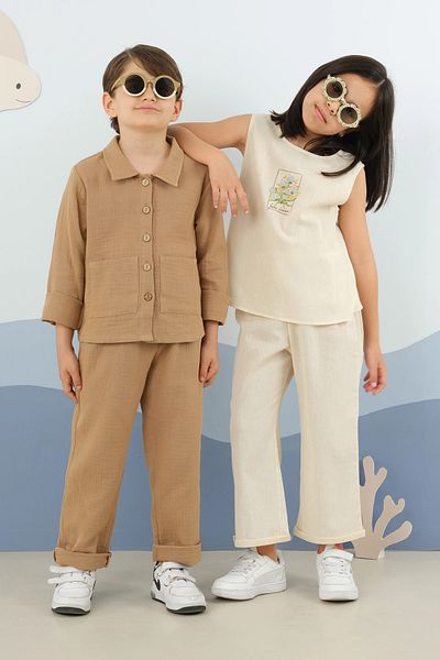 Mioma Kids Unisex Collared Muslin Suit Camel