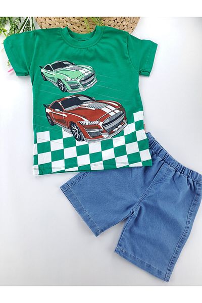 Butik Boy's Car Printed Denim Shorts T-Shirt Set of Two