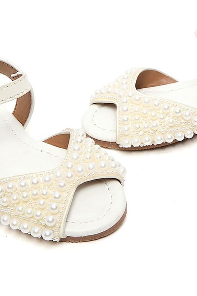 R&B White Pearl Embellished Flat Sandals For Girls