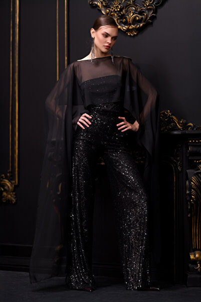 Gira official Siyah Payetli Şifon Bluz Detaylı Tulum