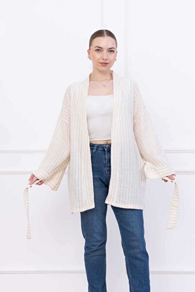 COTTOWOO Women's Ecru Muslin 100% Cotton Striped Belted Kimono Shirt