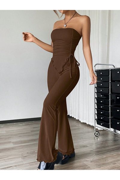 MEREN LİKE YOUR SYLE Brown Strapless Gathered Asymmetrical Flared Leg Bottom Top Set